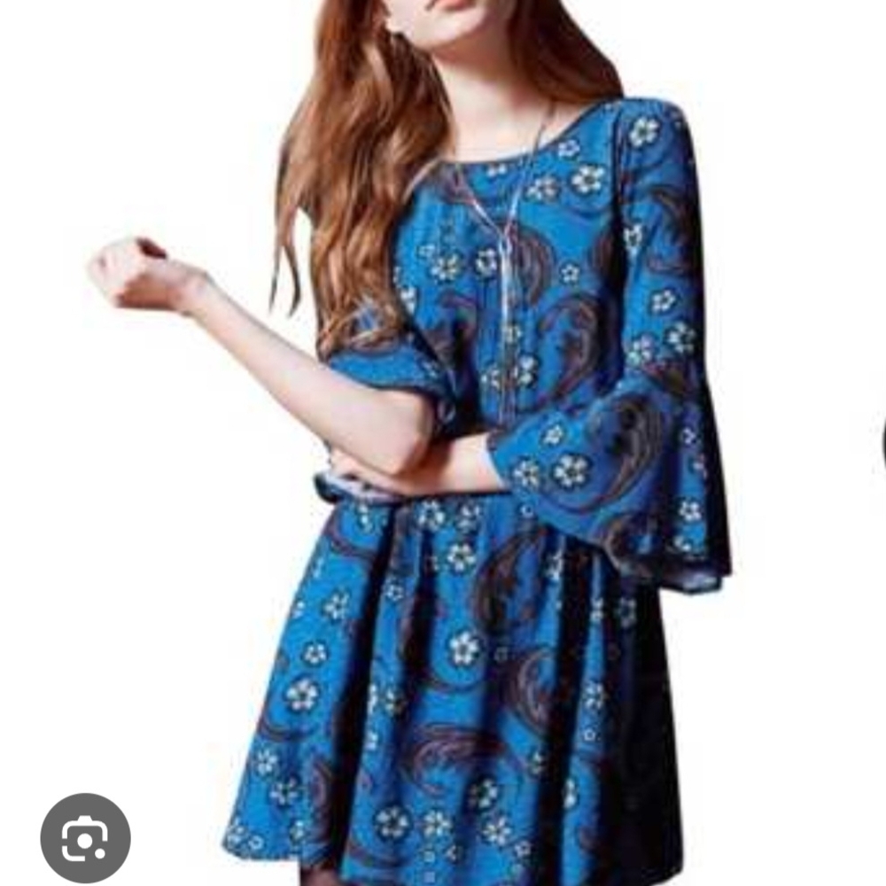 For Love And Lemons Blue Paisley Bell Sleeve Babydoll Mini Dress Sz S Boho FP - Picture 7 of 12